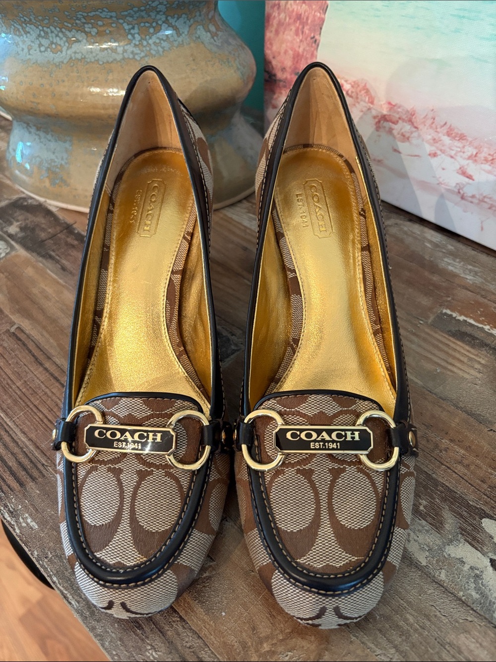 COACH Brown Signature Logo Mid Heel Pumps with Gold Hardware